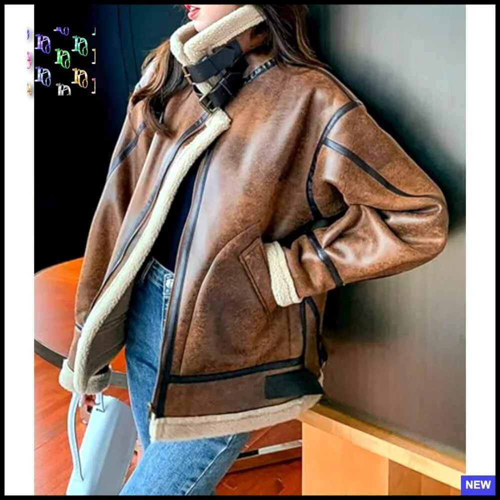 Oversized Faux Suede Moto Jacket Sherpa Lined Aviator Style Winter Coat - Picture 4 of 6